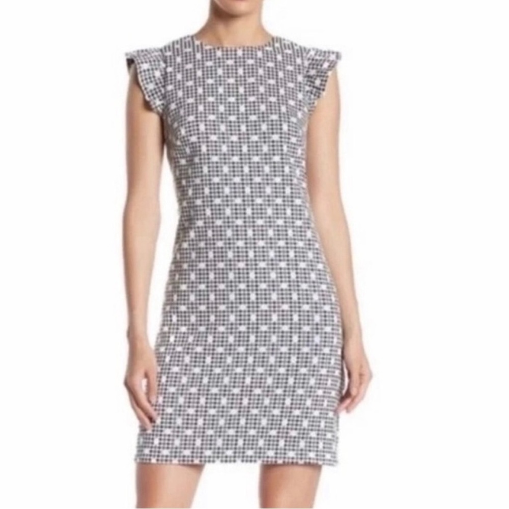 NWT Eliza J Gingham Check Polka Dot Ruffle Shoulder Mini Dress Black White Blue